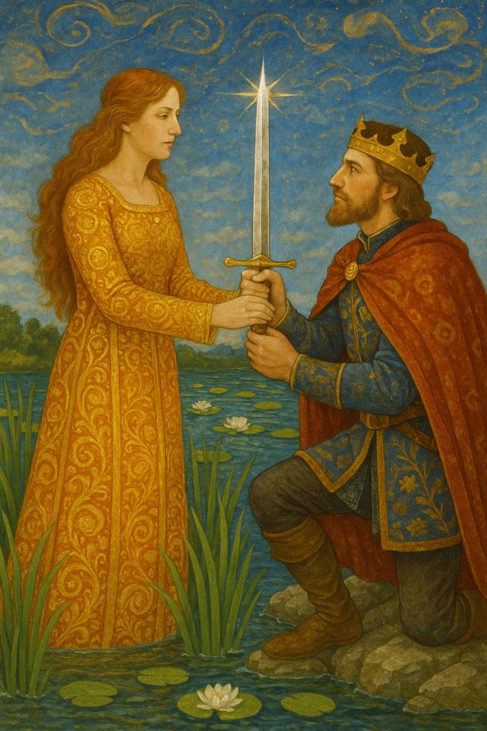 Die Herrin des Sees übergibt Excalibur an König Artus