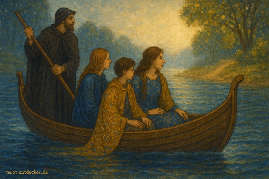 Bedeutung Sechs der Schwerter im Tarot: Überfahrt im Boot