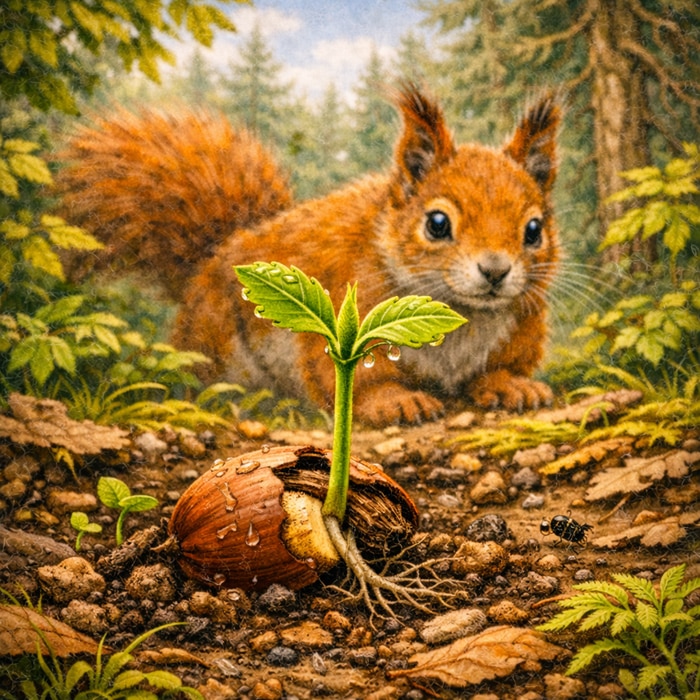 Krafttier Eichhörnchen: Bedeutung Keimlinge aus vergessenen Samen und Nüssen Krafttier Eichhörnchen: Bedeutung Keimlinge aus vergessenen Samen und Nüssen
