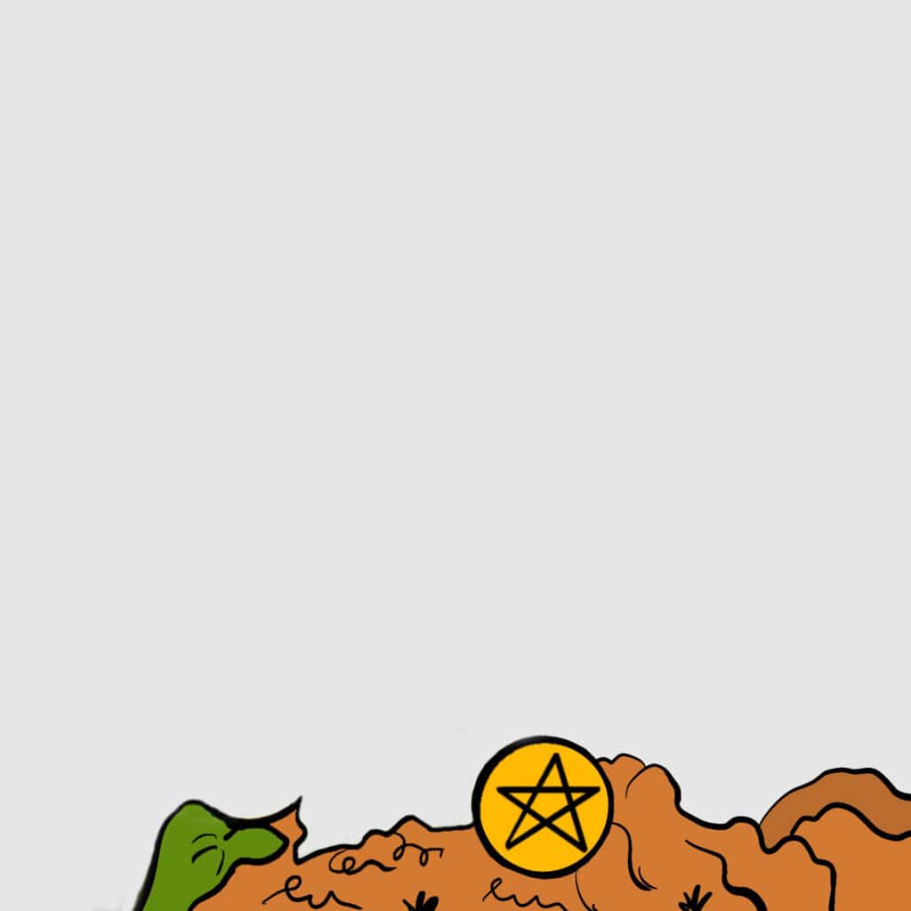 Sieben der MĂĽnzen im Tarot: eine MĂĽnze liegt am Boden Sieben der MĂĽnzen im Tarot: eine MĂĽnze liegt am Boden