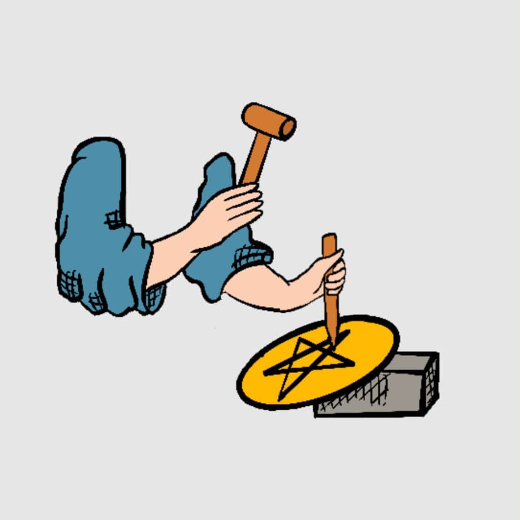 Tarotkarte "Acht der Münzen": Arbeit an Münze Tarotkarte "Acht der Münzen": Arbeit an Münze