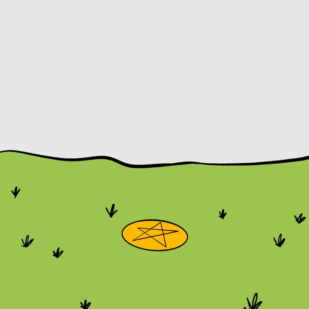 Tarotkarte "Acht der Münzen": Münze im Gras Tarotkarte "Acht der Münzen": Münze im Gras