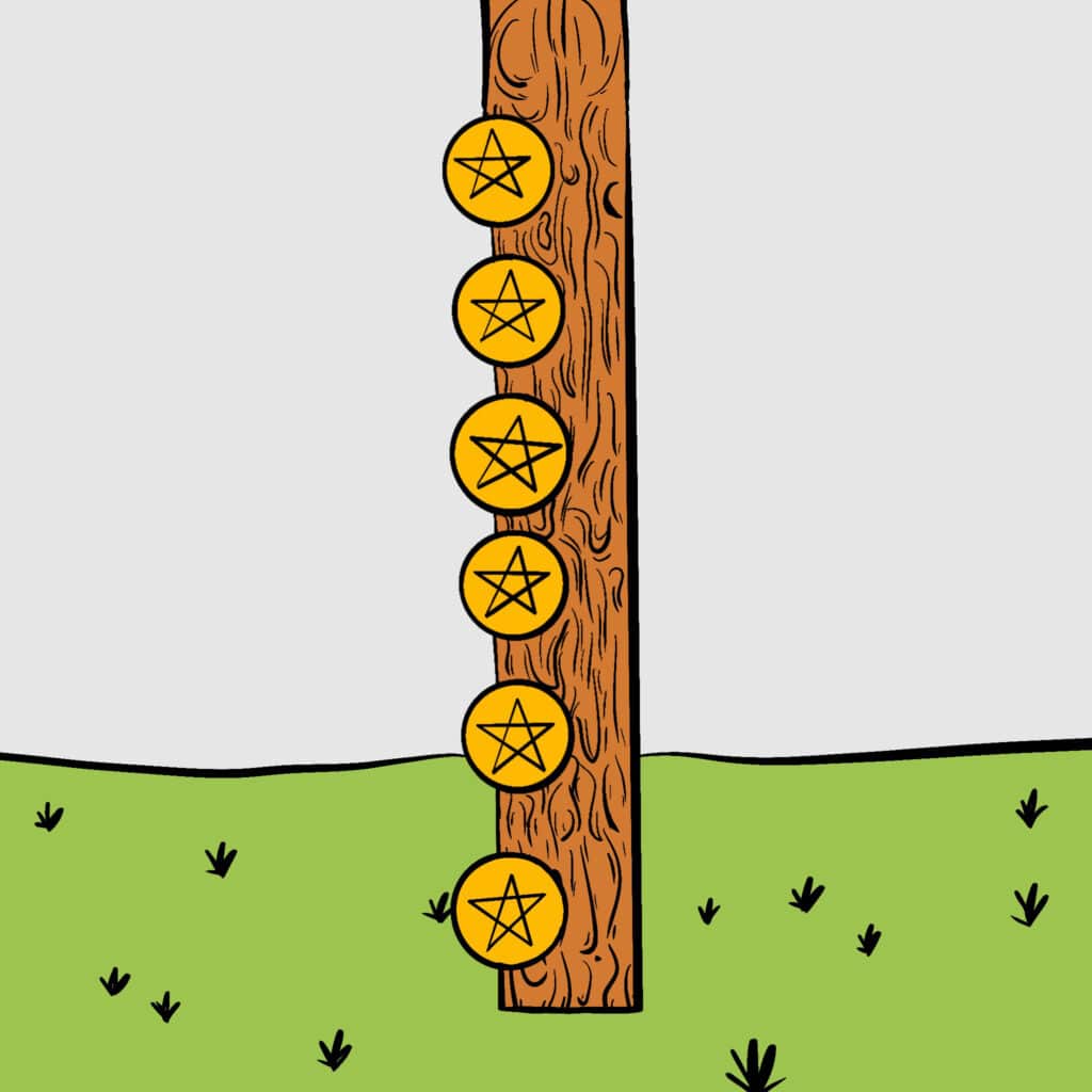 Tarotkarte "Acht der Münzen": Münzstamm Tarotkarte "Acht der Münzen": Münzstamm