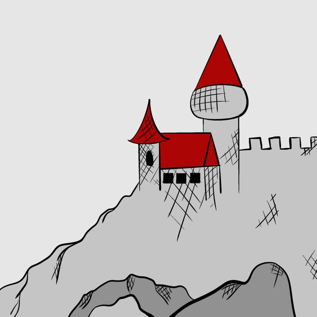 Tarotkarte "Acht der Schwerter": Berg mit Burg Tarotkarte "Acht der Schwerter": Berg mit Burg