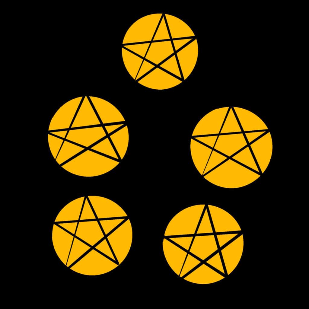 Tarotkarte "Fünf der Münzen": 5 Münzen Tarotkarte "Fünf der Münzen": 5 Münzen