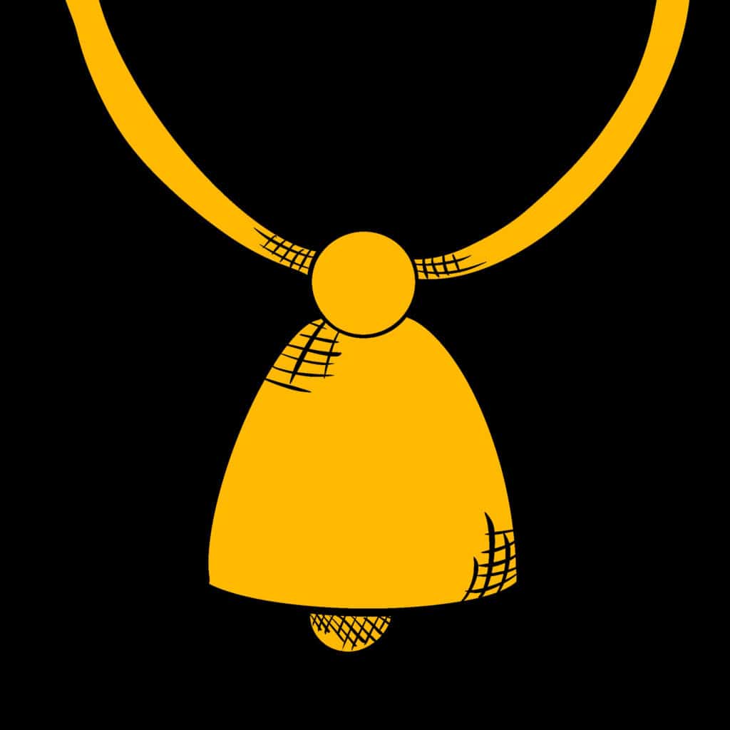 Tarotkarte "Fünf der Münzen": Halsglocke Tarotkarte "Fünf der Münzen": Halsglocke