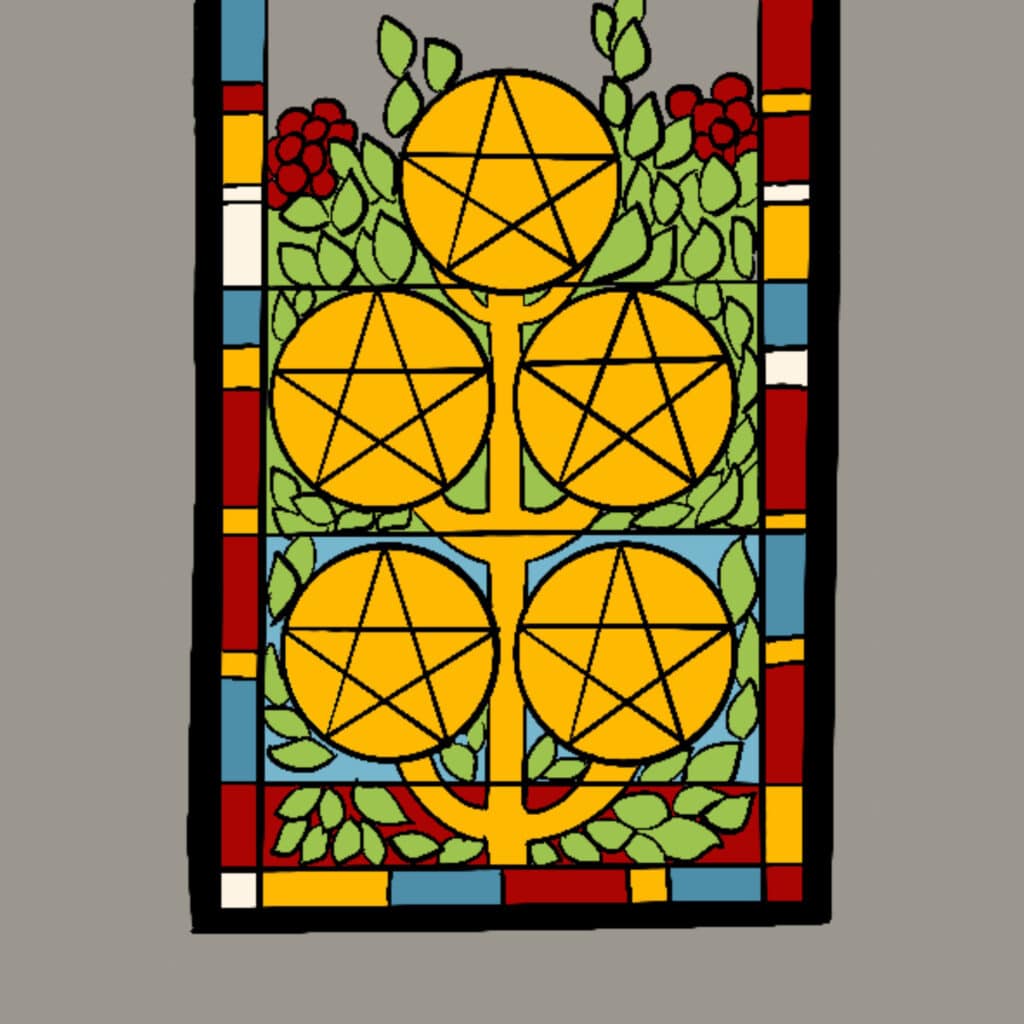 Tarotkarte "Fünf der Münzen": buntes Kirchenfenster Tarotkarte "Fünf der Münzen": buntes Kirchenfenster