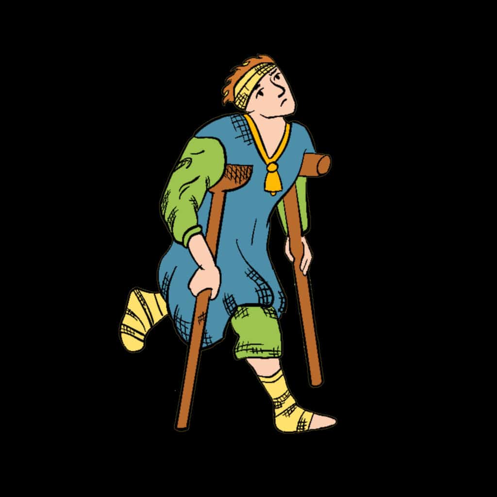 Tarotkarte "Fünf der Münzen": lahmer Mann Tarotkarte "Fünf der Münzen": lahmer Mann