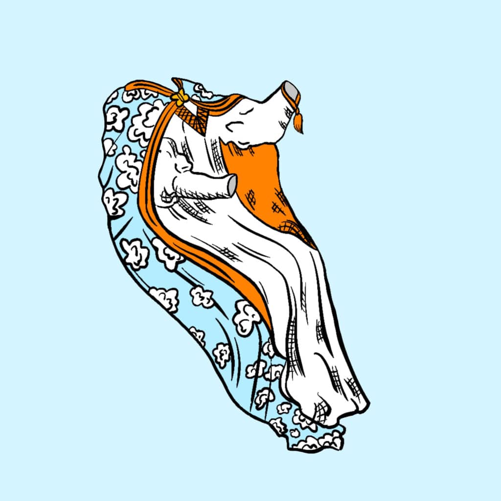 Tarotkarte "Die Königin der Schwerter": Umhang mit Wolken Tarotkarte "Die Königin der Schwerter": Umhang mit Wolken