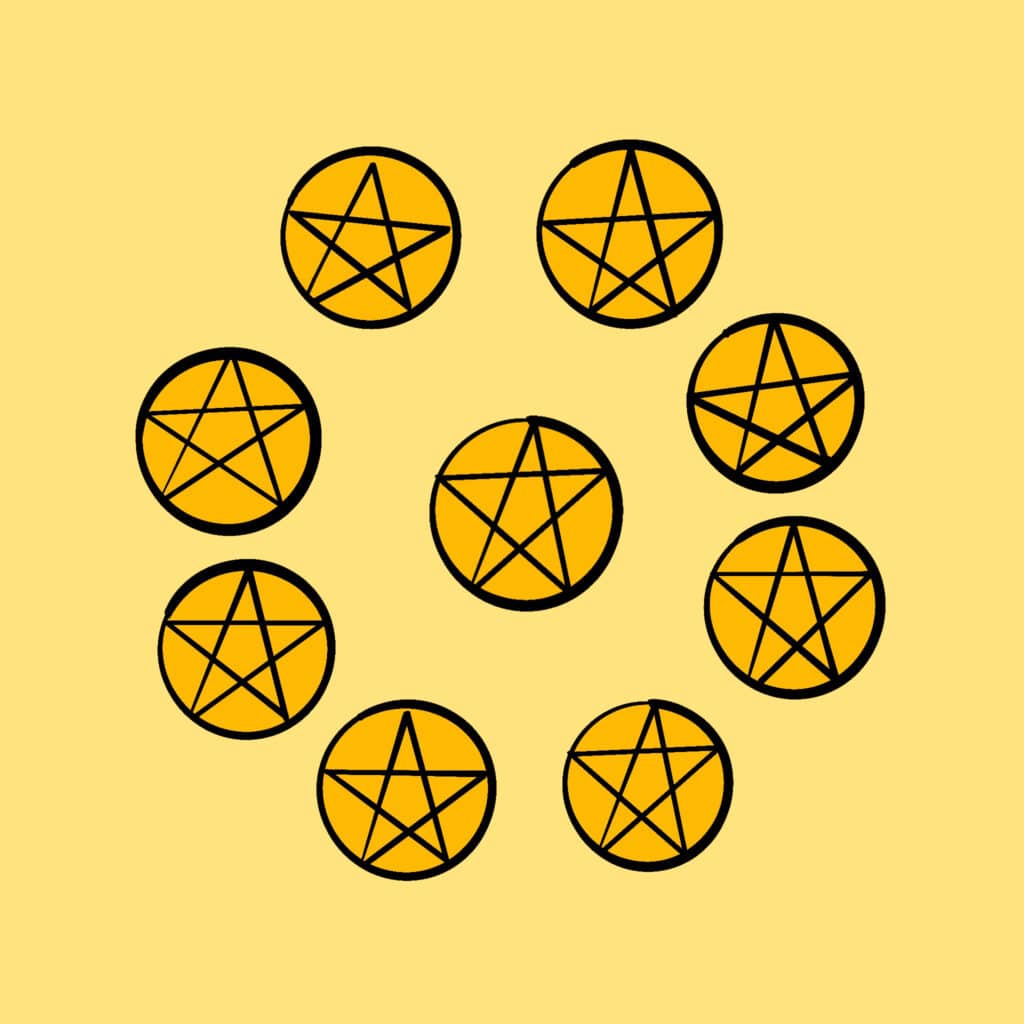 Tarotkarte "Neun der Münzen": 9 Stück Tarotkarte "Neun der Münzen": 9 Stück