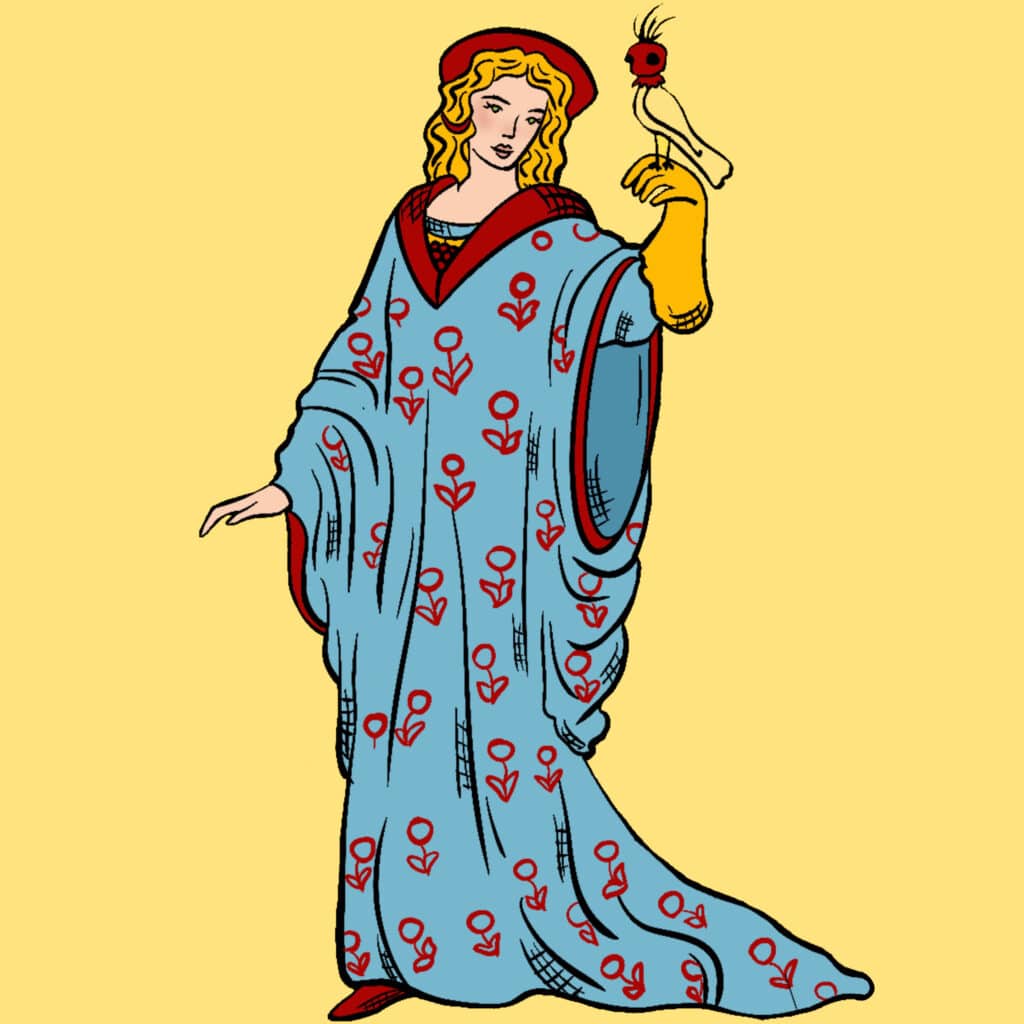 Tarotkarte "Neun der Münzen": schön gekleidete Frau Tarotkarte "Neun der Münzen": schön gekleidete Frau