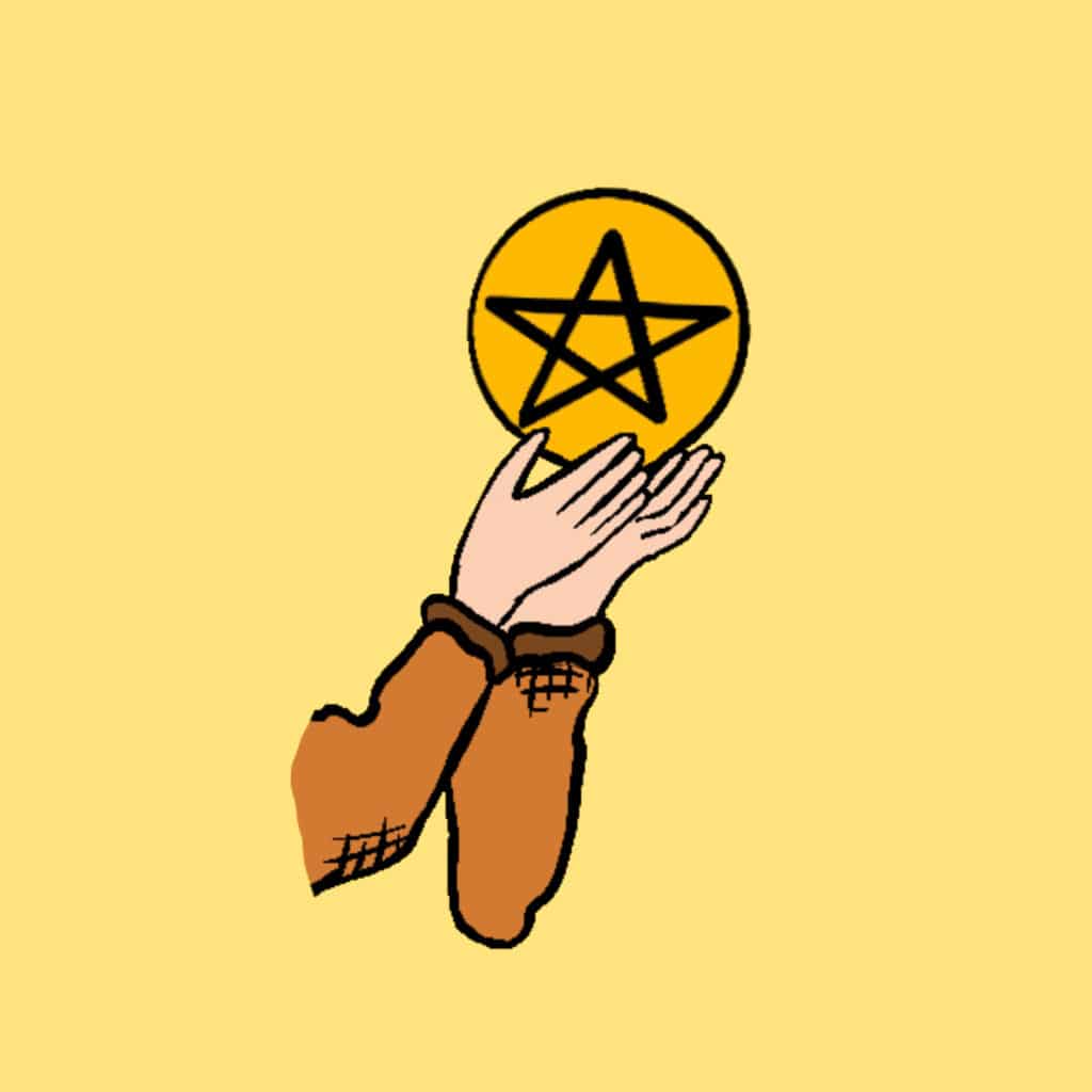 Tarotkarte "Page der Münzen": Münze in Händen Tarotkarte "Page der Münzen": Münze in Händen