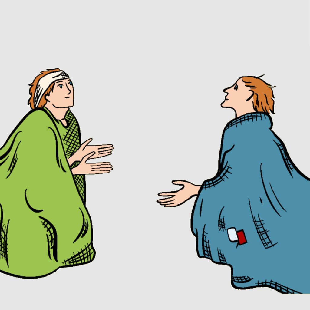 Tarotkarte "Sechs der MĂĽnzen": zwei Bettler Tarotkarte "Sechs der MĂĽnzen": zwei Bettler