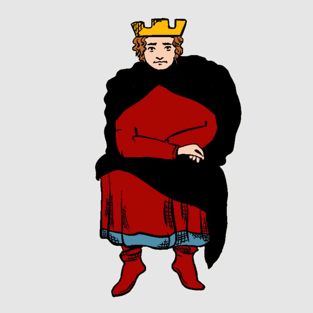 Tarotkarte "Vier der MĂĽnzen": die Figur Tarotkarte "Vier der MĂĽnzen": die Figur