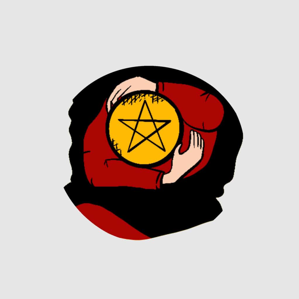 Tarotkarte "Vier der MĂĽnzen": umarmte MĂĽnze Tarotkarte "Vier der MĂĽnzen": umarmte MĂĽnze