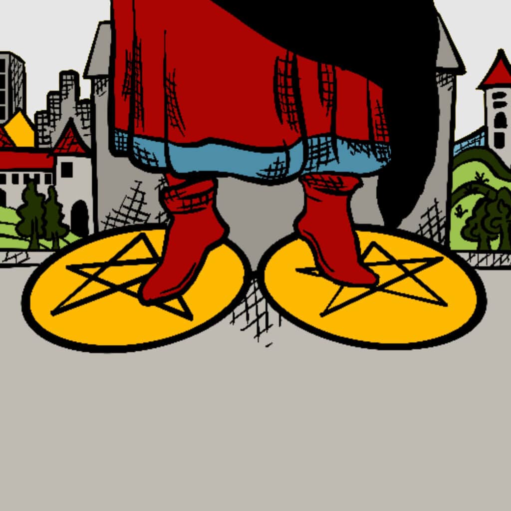 Tarotkarte "Vier der MĂĽnzen": zu FĂĽĂźen Tarotkarte "Vier der MĂĽnzen": zu FĂĽĂźen