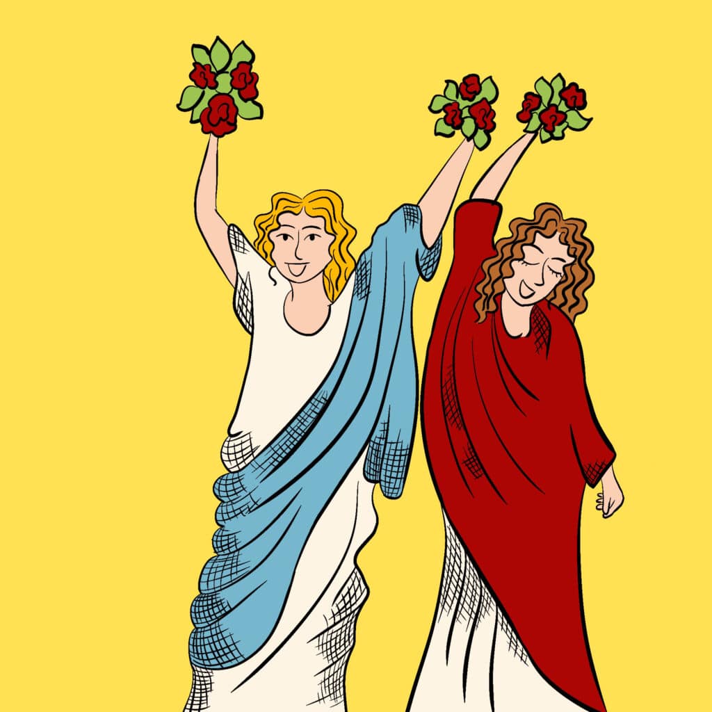 Tarotkarte "Vier der Stäbe": tanzende Frauen