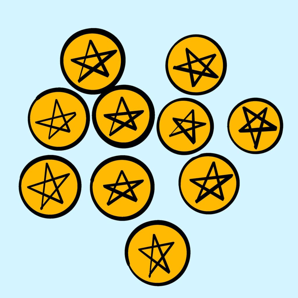 Tarotkarte "Zehn der Münzen": 10 Stück Tarotkarte "Zehn der Münzen": 10 Stück