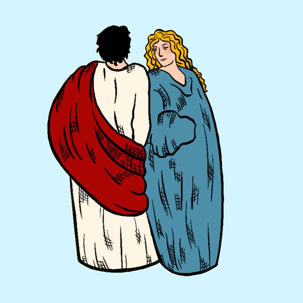 Tarotkarte "Zehn der Münzen": Begegnung zweier Menschen Tarotkarte "Zehn der Münzen": Begegnung zweier Menschen