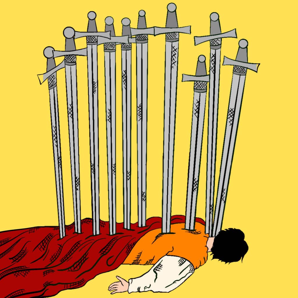 Tarotkarte "Zehn der Schwerter": durchstochene Figur Tarotkarte "Zehn der Schwerter": durchstochene Figur