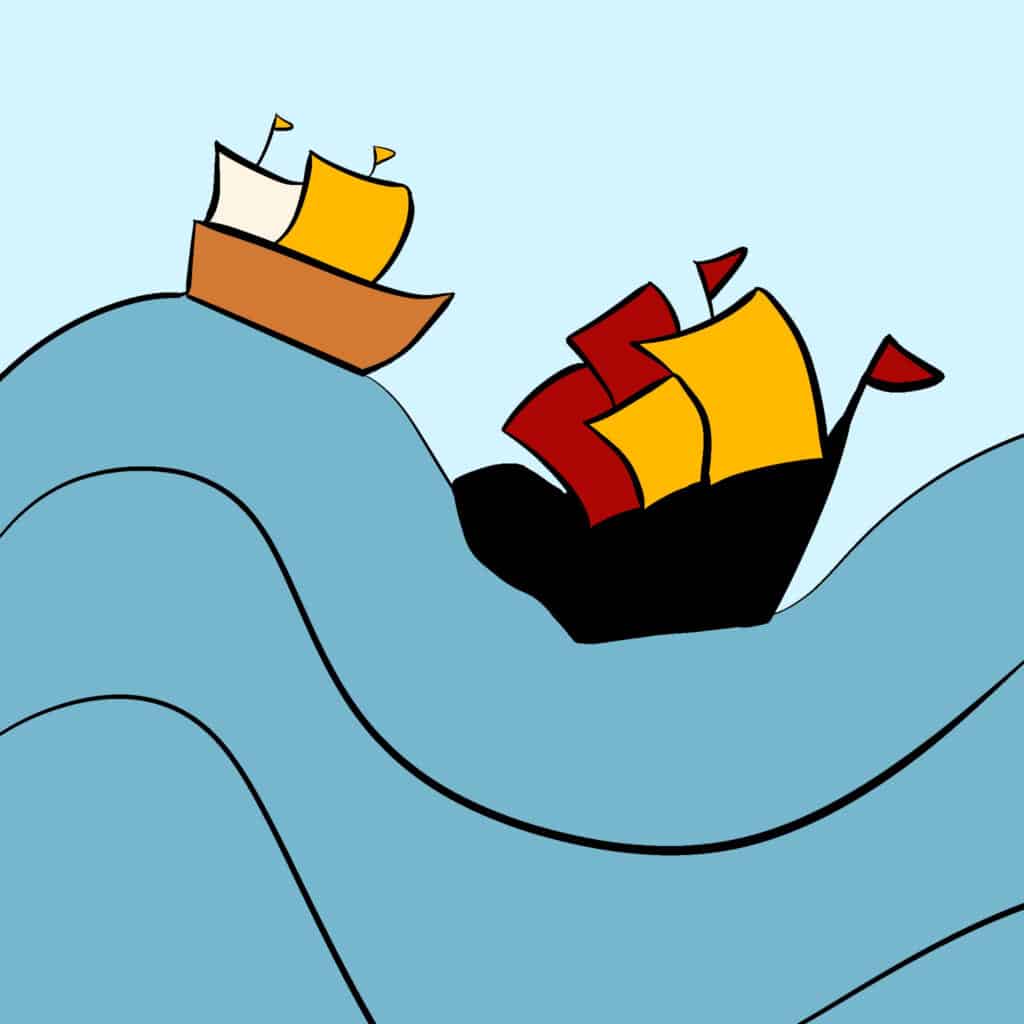 Tarotkarte "Zwei der Münzen": Schiffe Tarotkarte "Zwei der Münzen": Schiffe